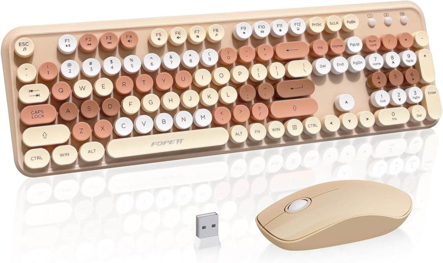 FOPETT 2.4GHz Wireless Keyboard and Mouse Set with Switch Button - Full-Size Keyboard - Compatible for Windows/Laptop/PC/Notebook/Smart TV and More - Milk Tea Colorful