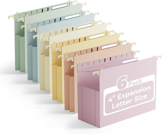 Ansook Plastic Hanging File Folders Letter Size,4" Extra Capacity File Folder with Tabs,6 Pack File Cabinet Folders for Documents,Heavy Duty Morandi Colored File Folders for Home and Office Bulk File