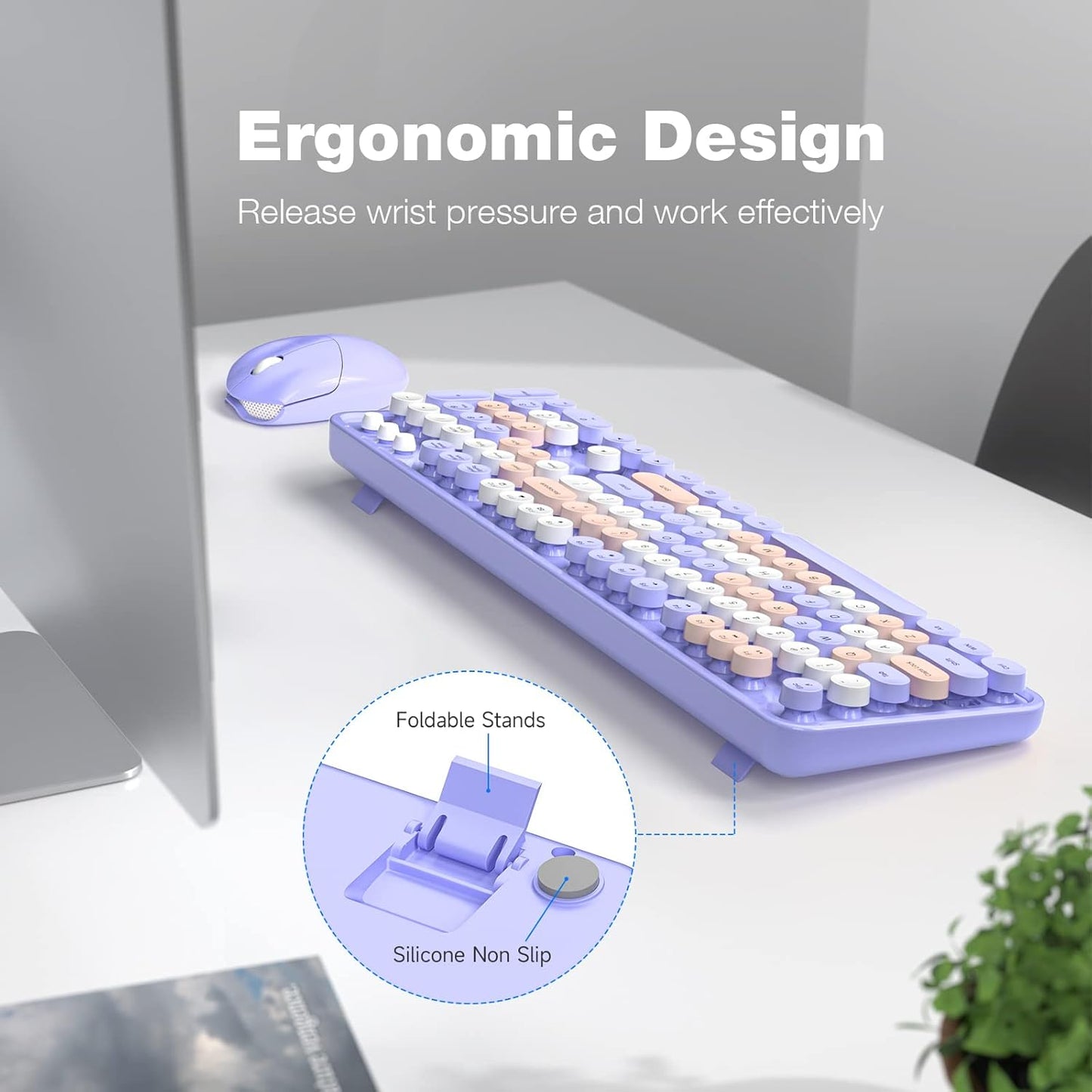 Wireless Keyboard and Mouse Combo, 104 Keys Full-Sized Typewriter Keyboards, 2.4 GHz USB Receiver Plug and Play, for Windows, PC, Laptop, Desktop (Purple Colorful)