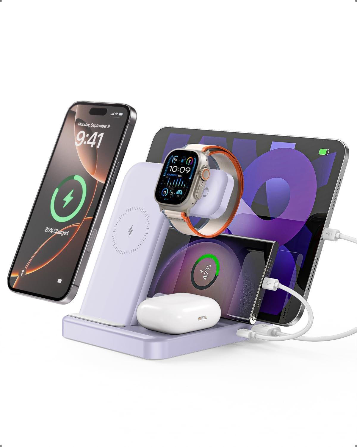 Intoval 5-in-1 Charging Station, for iPhones 17/17 Pro/17 Pro Max and Androids, iPad Pro/Air/Mini, Apple Watch 11/Ultra 3/Ultra 2/Ultra/10/9/SE, Wireless Charging Dock for Multiple Devices (Lavender)