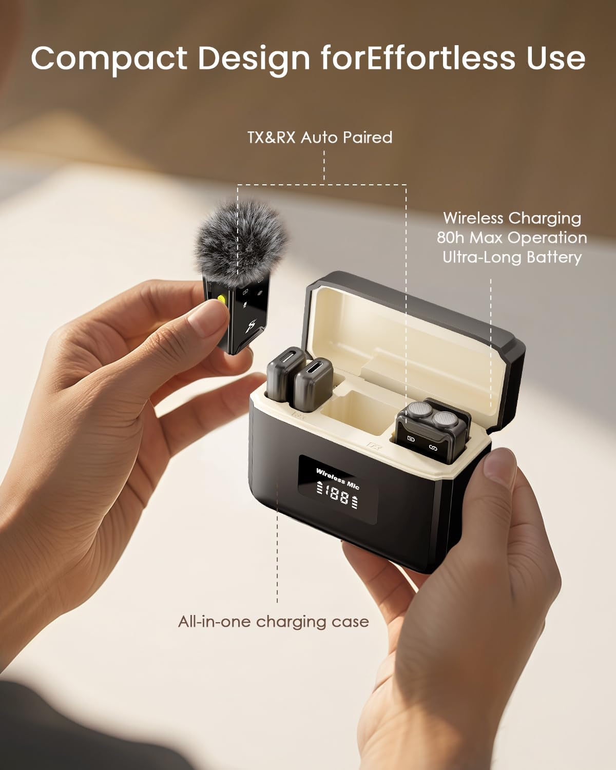 PQRQP Mini Microphone for iPhone, Android(Lightning/USB C), 80 H Battery Life, Hi-Fi Audio, 48kHz/24-bit, Wireless Microphones with Noise Cancellation for Video Recording, Streaming, 164ft Range