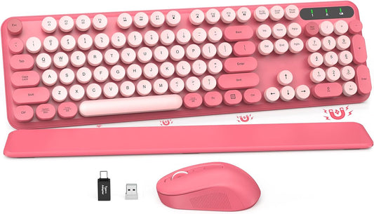Wireless Keyboard and Mouse Combo - Round Keycaps, Full-Size Retro Typewriter Keyboard with Detachable Wrist Rest, Sleep Mode & Tilt Legs, 2.4GHz Cordless Connection for Mac/Windows/PC (Hot Pink)