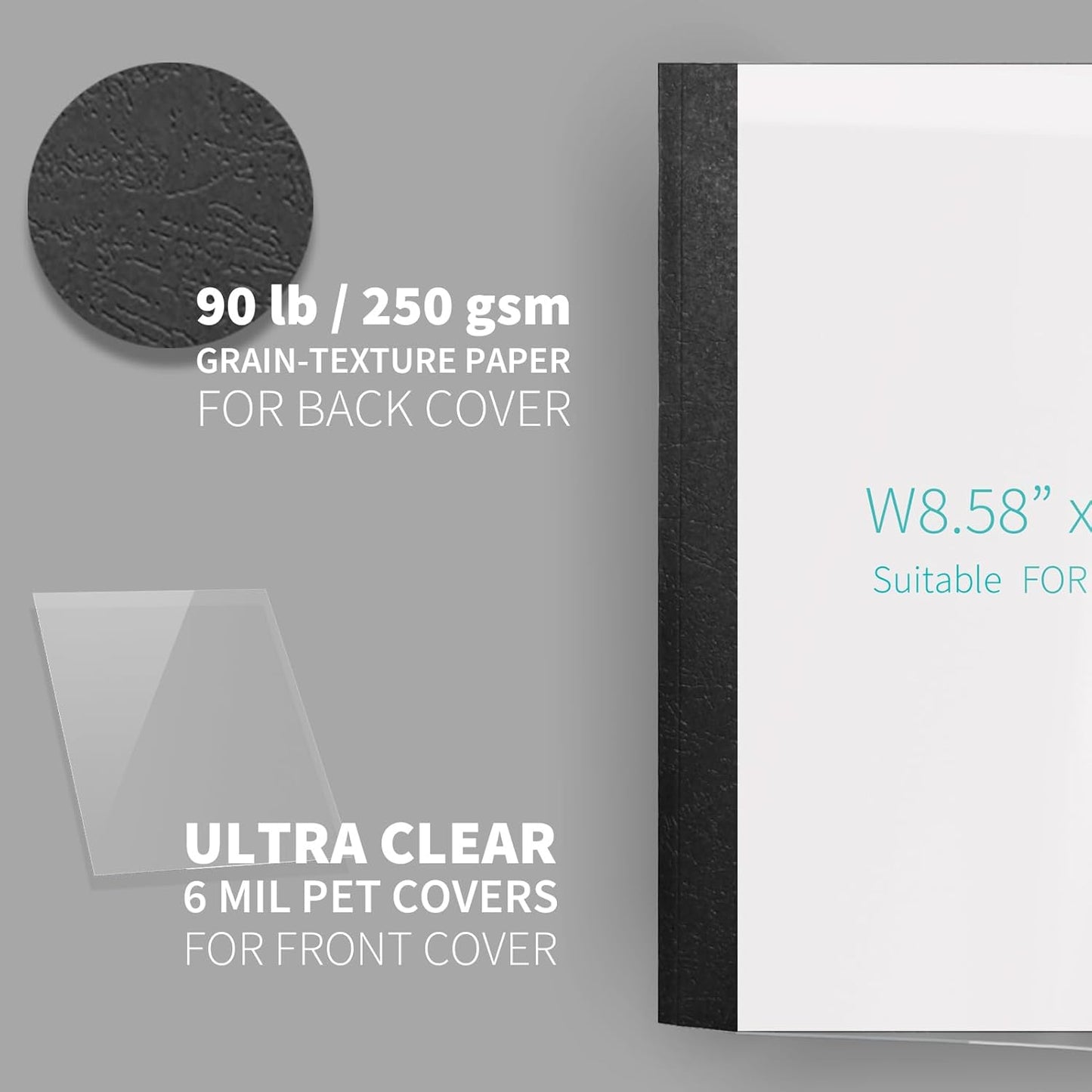 Binditek 10 Pack Thermal Binding Presentation Covers, 1/8 Inch Spine, Holds 30 Sheets, Ultra Clear Front Cover, Black Paper Back Cover, Letter Size, for Students and Coworkers