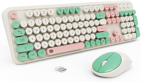 Keyboard and Mouse Wireless,2.4Ghz Retro Typewriter Style Round Keycap,Full Size Wireless Keyboard Mouse Combo,Cute Cordless Keyboard Mouse Set for PC Laptop Desktop Computer-Milk White Green Colorful