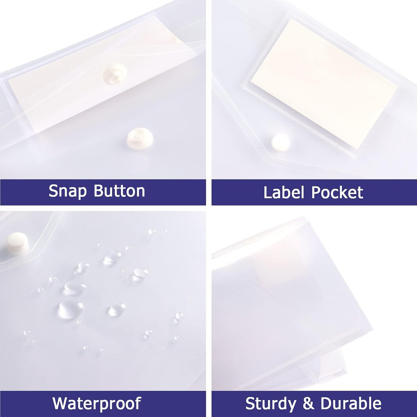 6 Pack Clear Document Folders Plastic Envelopes Poly Envelopes File Envelopes with Label Pocket and Snap Button for Home Work Office Organization, Letter Size/A4 Size, White