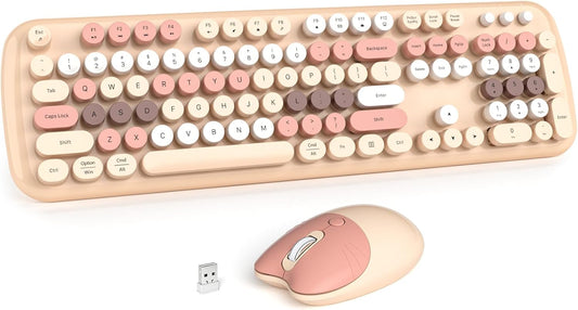 Wireless Keyboard and Mouse Combo for Windows, MOWUX 2.4G Full-Sized External Cordless Computer Keyboard, Compact Mouse, 8 Multimedia and Shortcut Keys, for PC, Laptop - Milk Tea Colorful