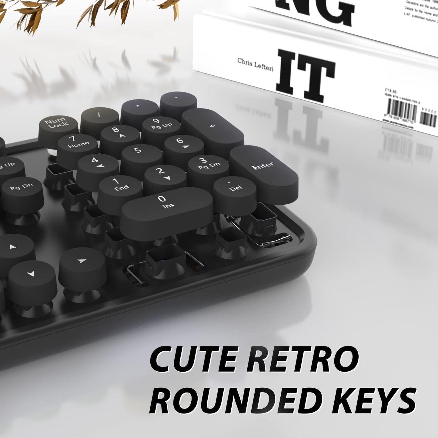 Wireless Keyboard and Mouse Combo, Cute Full Size 104-Key Typewriter Retro Round Keycaps Keyboard for PC Laptop,Windows,Desktop,Perfer for Home and Office Keyboards (Black)