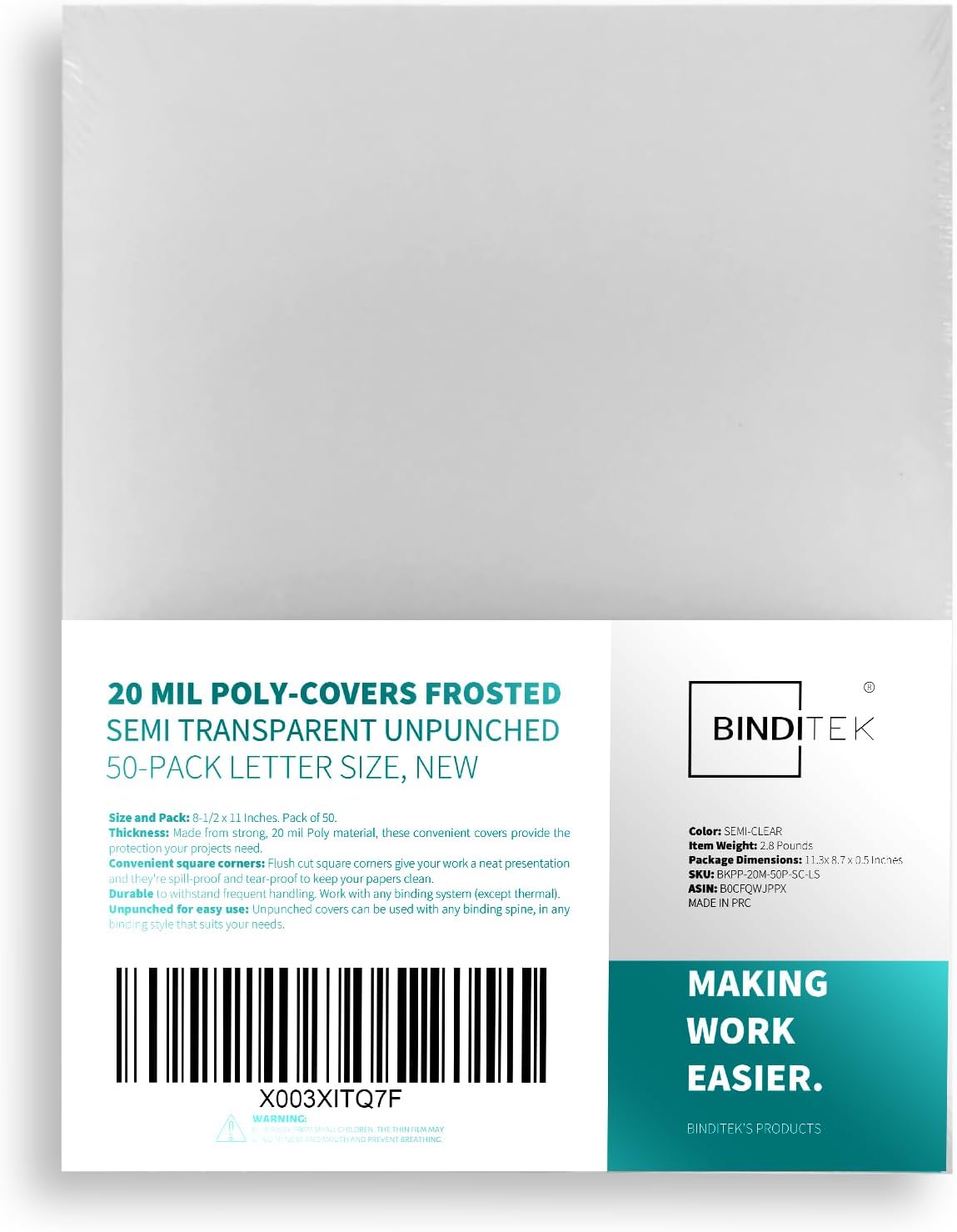 Binditek 50 Pack 20 Mil Frosted Polycover, Semi-Transparent Binding Covers, 8-1/2 x 11 Inches, Lightly Textured Sand Finish, Square Corners, Unpunched