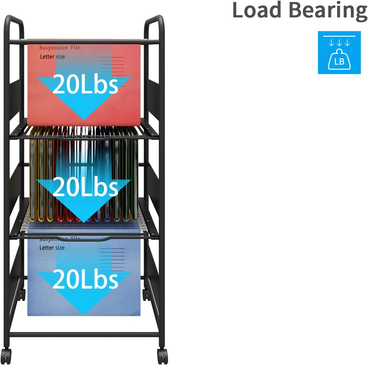 PUNCIA 3 Tiers Metal Rolling File Carts with Wheels Hanging Files for Letter Size Movable Pull-Out File Folder Rack Drawer File Cabinet for Home Office