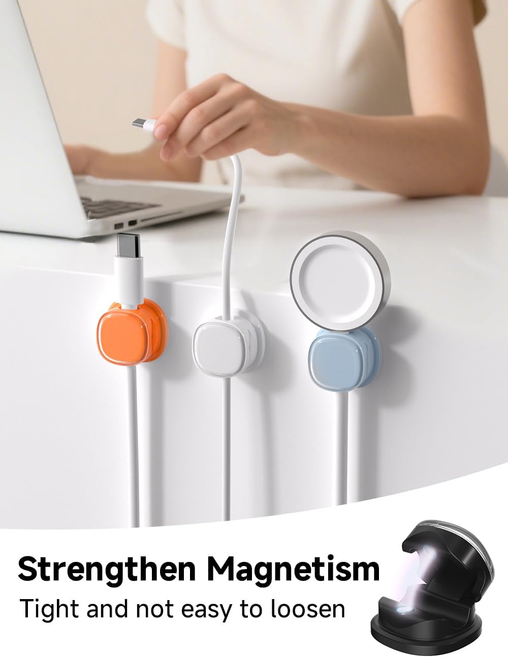 Magnetic Cable Clips, Adjustable Cord Holder Management, Adhesive Wire Keeper Organizer for Home Office Desk Phone PC Car Wall Desktop Nightstand Appliance (9-PCS White_Black_Orange_Blue)