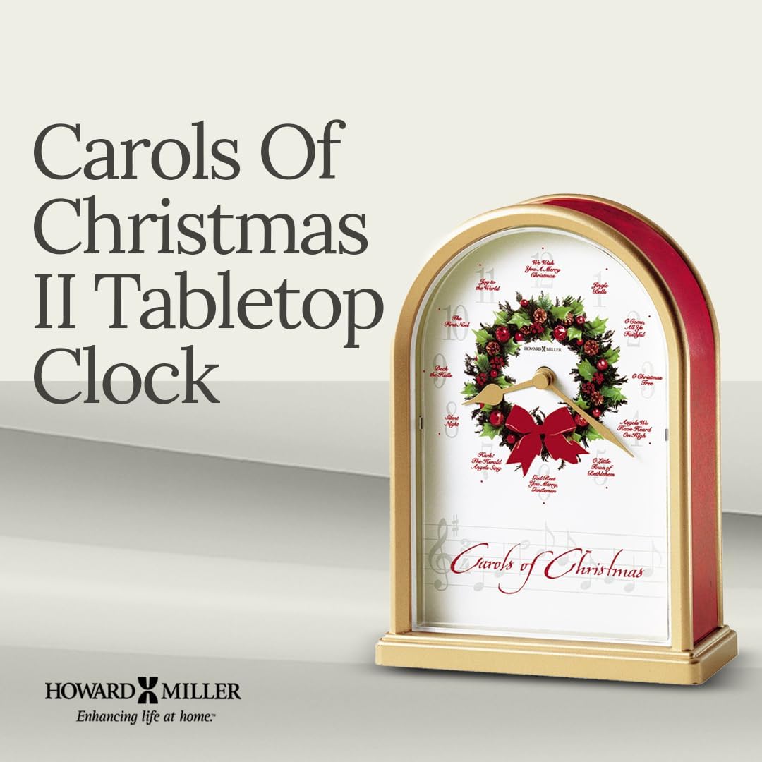 Howard Miller Carols of Christmas II Tabletop Clock – Exclusive Satin Brass Holiday Decor & Chiming Christmas Music Clock with 12 Classic Carols Festive Wreath Design Battery Operated Home Decor