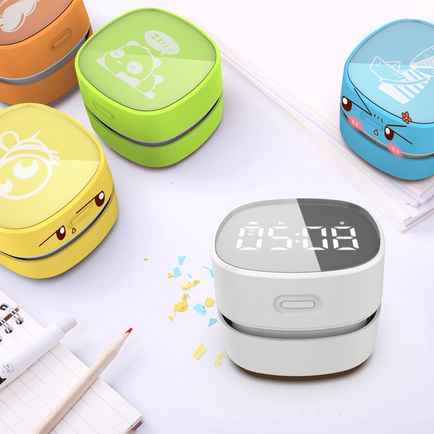 ODISTAR Counter Vacuum Cleaner,Mini Table dust Sweeper Energy with Digital Timer,Endurance up to 400 mins,360º Rotatable for Cleaning Rubber shavings,Crumbs Keyboard of Gifts for Kids(White)