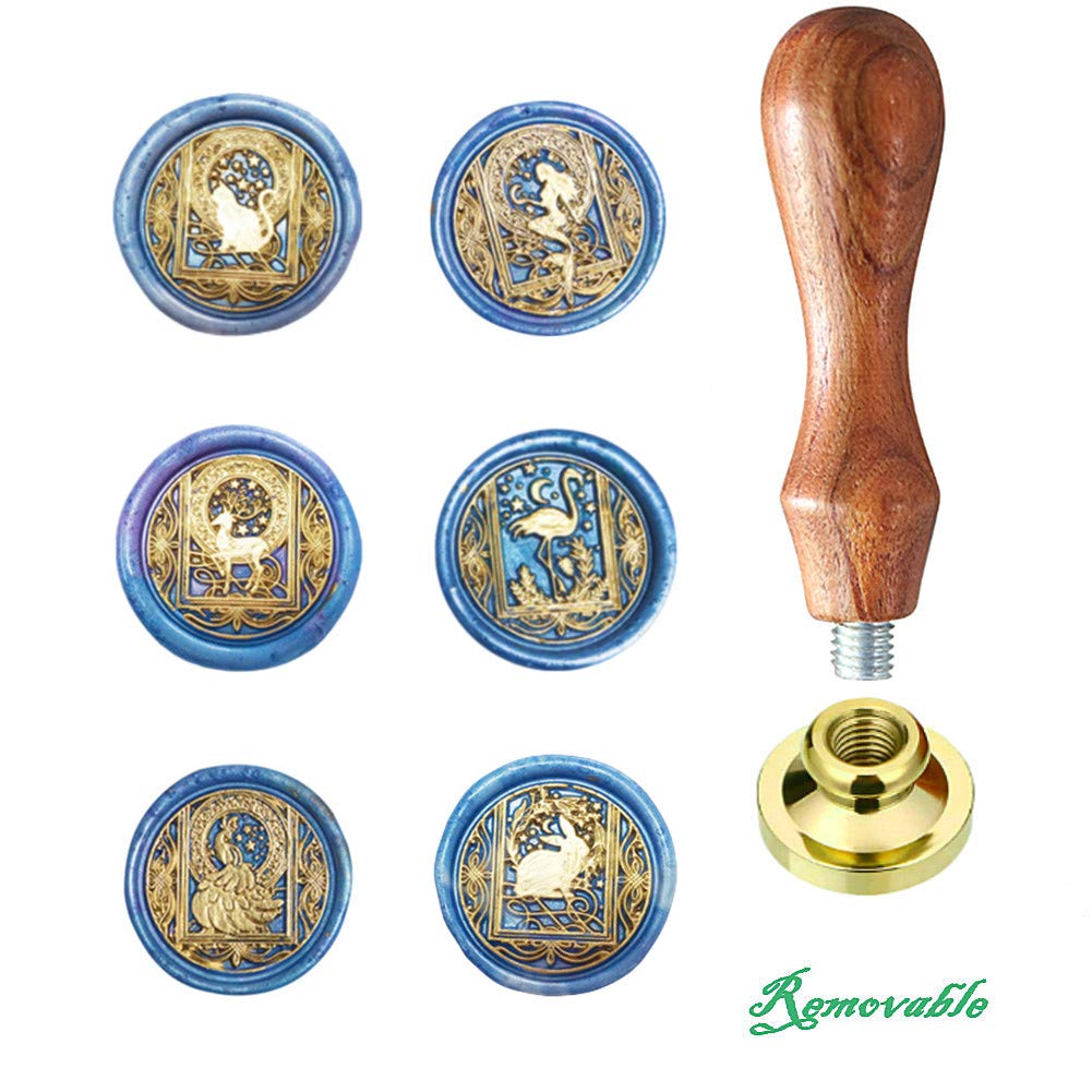 Starry Animal Wax Seal Stamp Set with 6 PCS Removable Brass Heads and 1 Wooden Handle - Retro Vintage Cat Deer Peacock Mermaid Flamingo Rabbit Sealing Wax Stamps