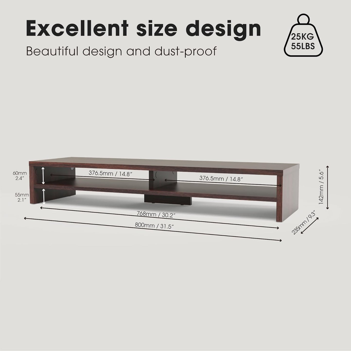 Fenge Monitor Stand, 31.5 Inch Computer Monitor Riser for Desk, 2 Tiers Wood Desk Shelf with Storage, Desktop Organizer for PC, Laptop, Screen, Printer