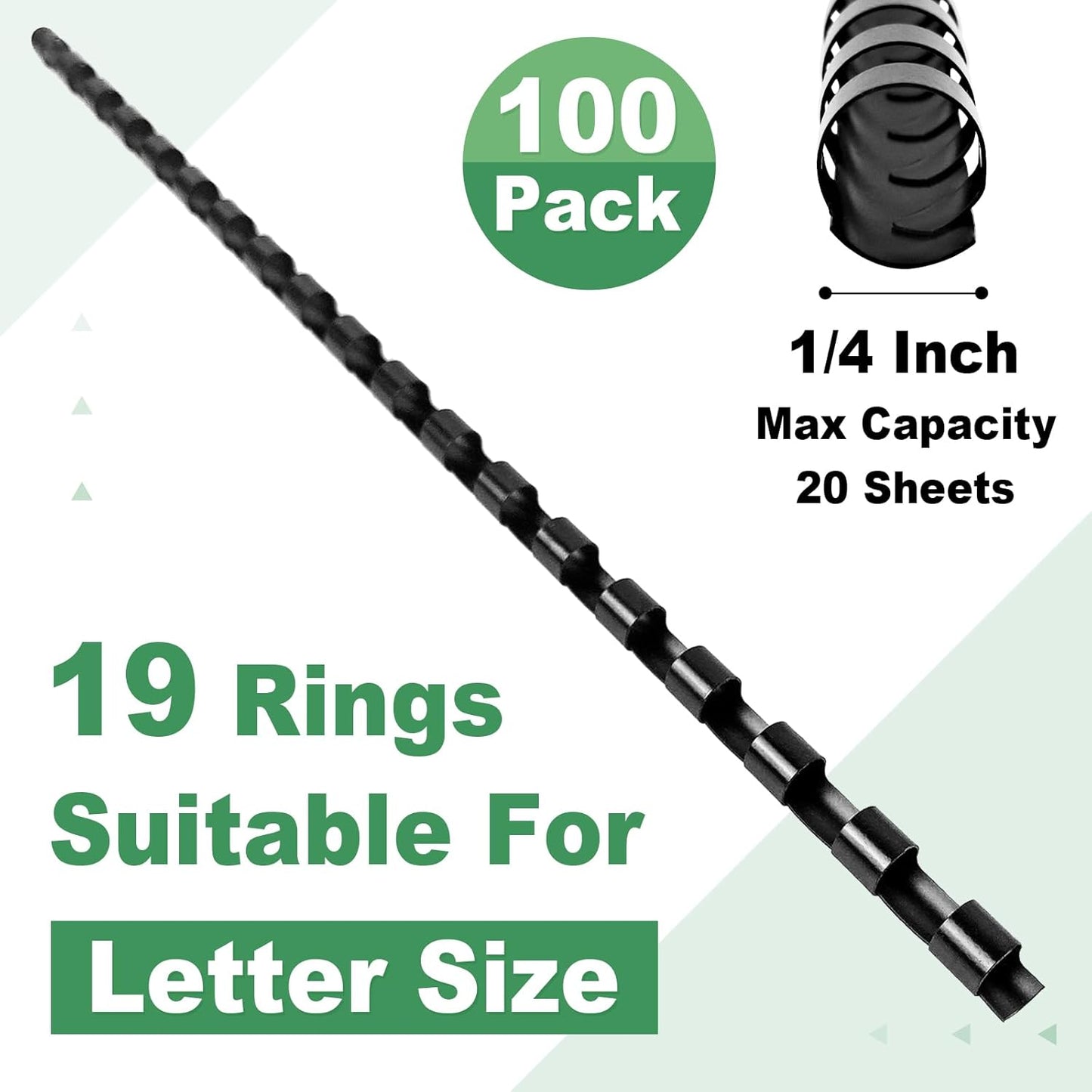 HOUYEE 1/4 Inch Plastic Binding Comb 19 Ring, 20 Sheet Capacity, Letter Size Black Comb Binding Spines (100 Pack)