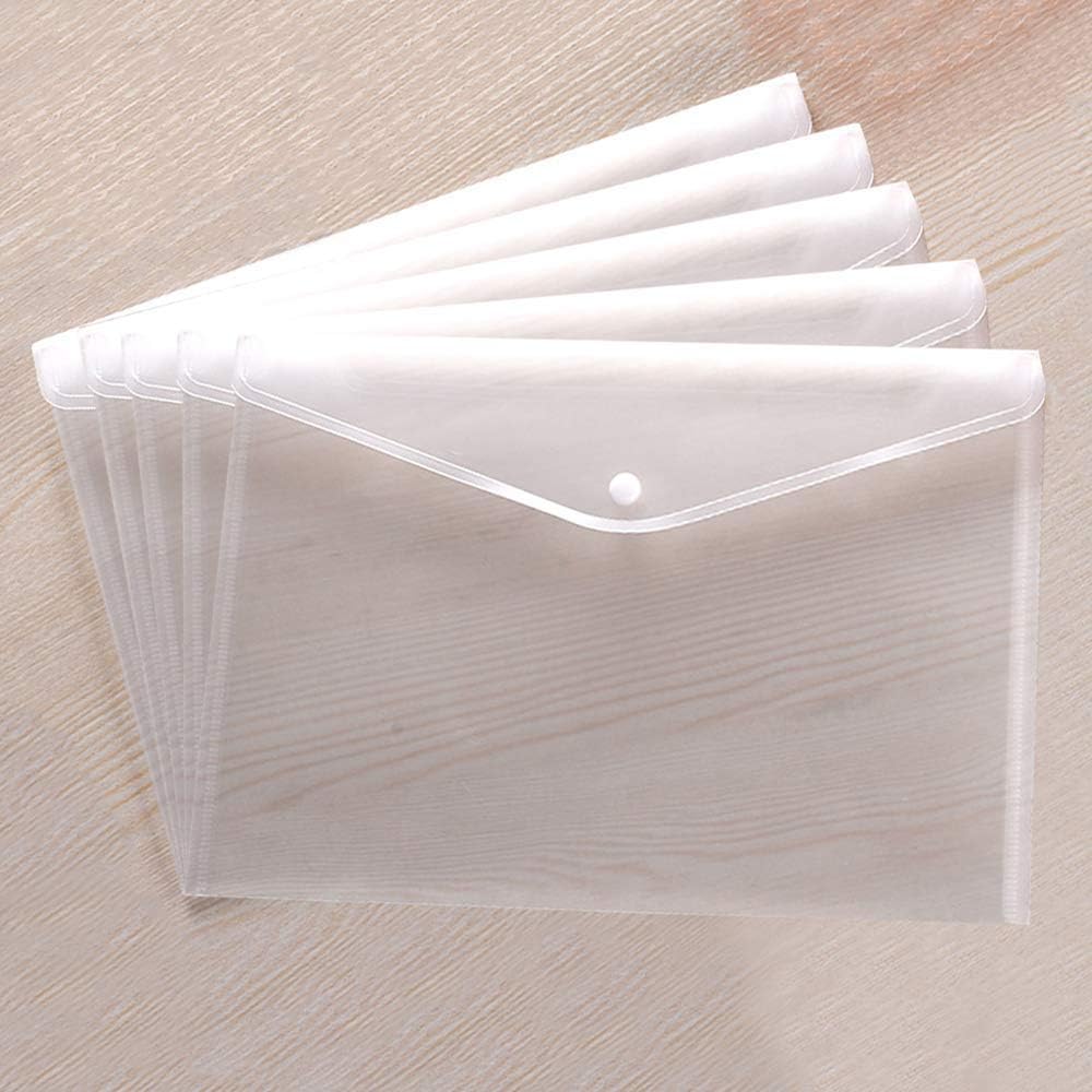 Clear Document Folders Transparent Filing Envelopes Waterproof Plastic Envelopes File Holder Filing Document Poly Envelope with Snap Button Closure for A4 Letter Paper Size (5 Pcs)