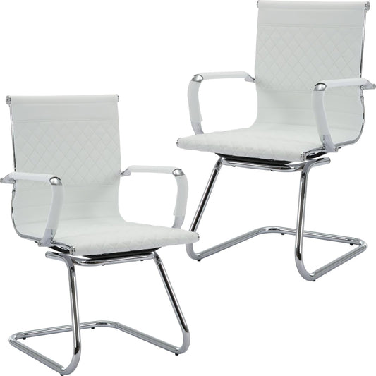 Office Guest Chairs Reception Chairs Waiting Room Chairs Set of 2 Conference Room Chair with Mid Back, Modern PU Leather Desk Chair, White