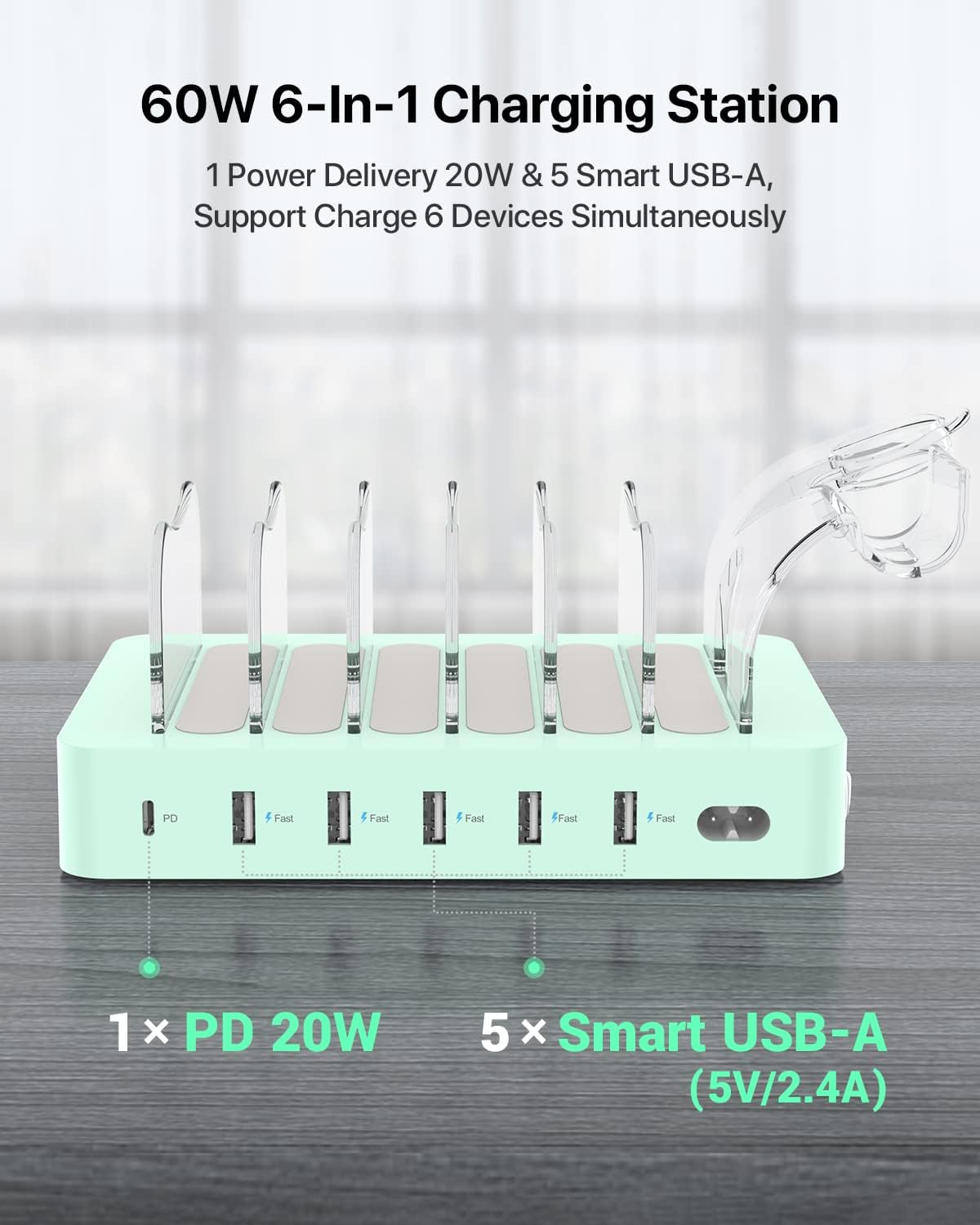 SooPii 60W/12A 6-Port Charging Station for Multiple Devices, PD 20W USB C Fast Charging for lPhone 14/13/12,6 Short Cables Included, 2 in 1 Holder,for Phones,Tablets and Others