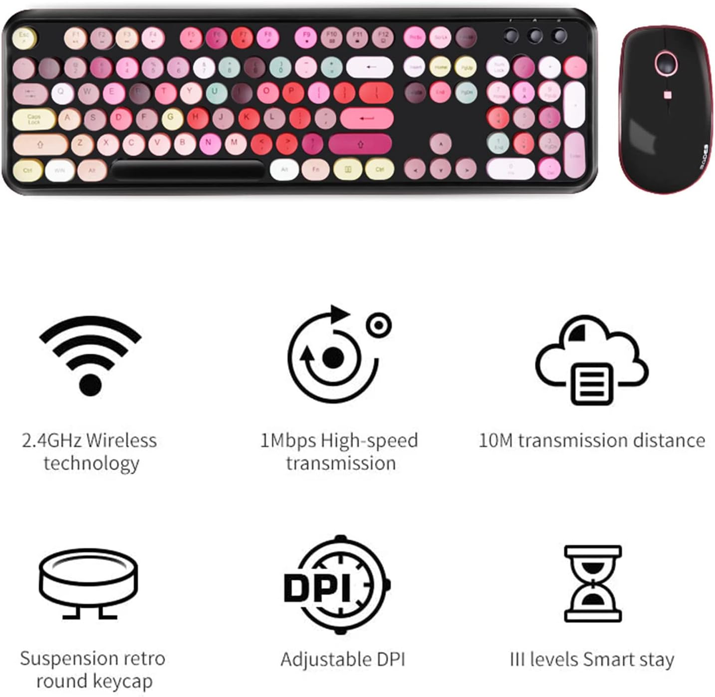 FOPETT Keyboard and Mouse Sets, Wireless, Reliable 2.4 GHz Connectivity for PC,Laptop,Smart TV and More (Black Colorful)