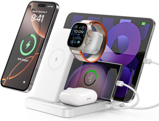 Intoval 5-in-1 Charging Station, for iPhones 17/17 Pro/17 Pro Max and Androids, iPad Pro/Air/Mini, Apple Watch 11/Ultra 3/Ultra 2/Ultra/10/9/8/7/SE, Wireless Charging Dock for Multiple Devices (White)