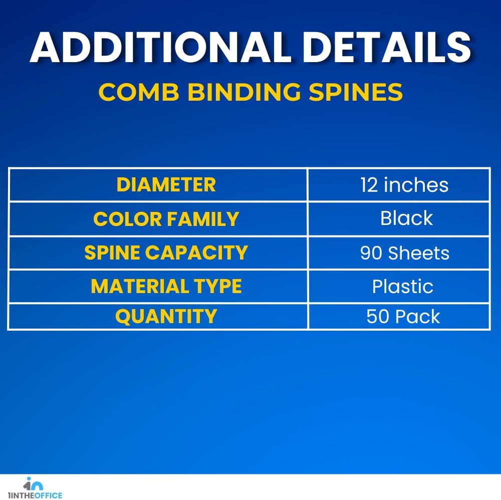 1InTheOffice Comb Binding Spines 8.5x11, Ring Plastic Binding Comb, Black Comb Spines, 1/2" Diameter (50/Pack)