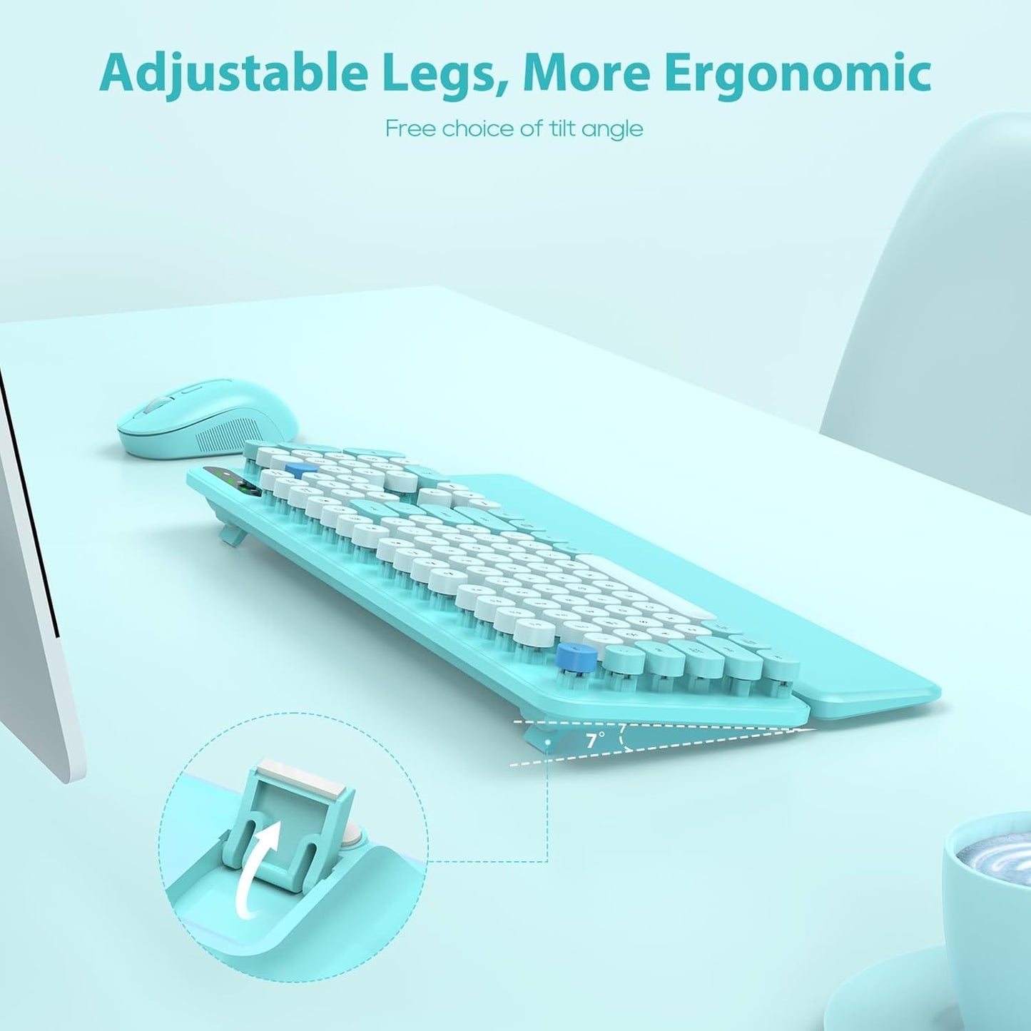 Wireless Keyboard and Mouse Combo, Full-Size Retro Typewriter Keyboard with Detachable Wrist Rest, Round Keycaps, Sleep Mode & Tilt Legs, 2.4GHz Cordless Connection for Windows/PC (Robin Egg Blue)