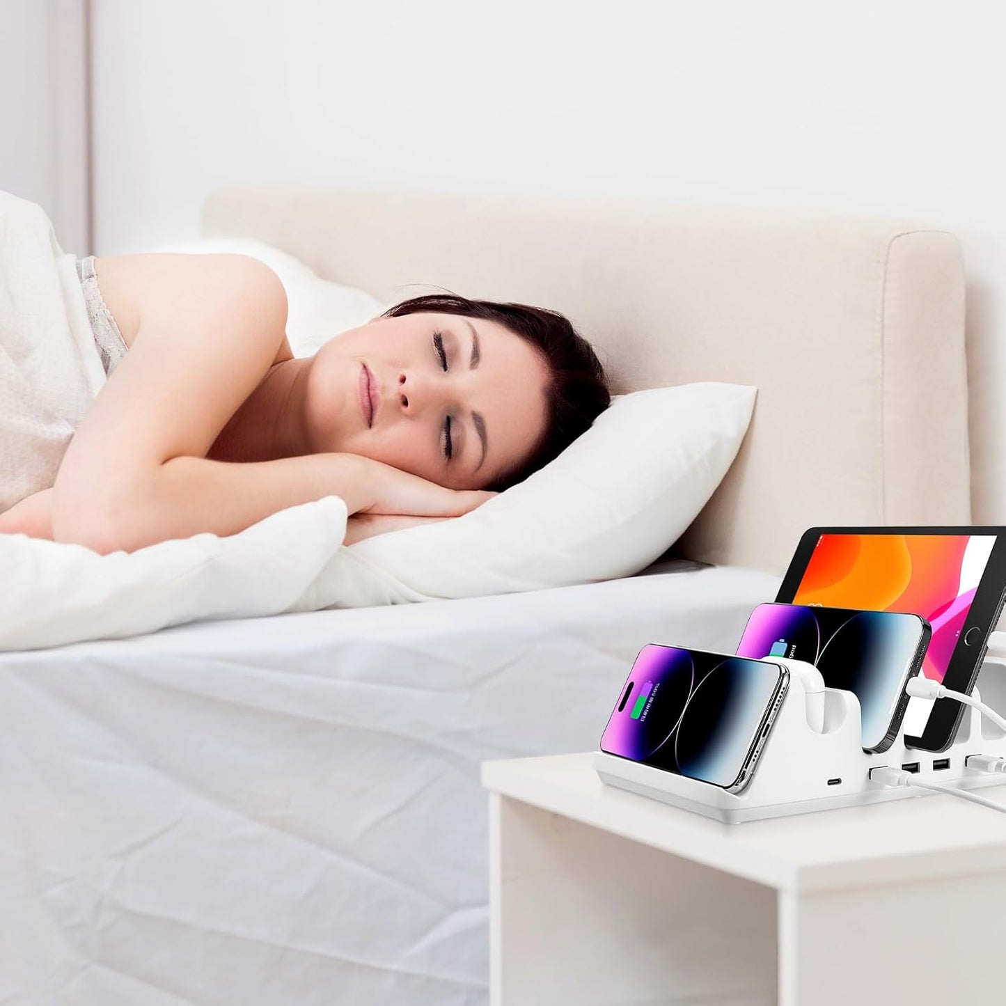 150W 6-Port Charging Station for Home with Fast Wireless Charging for Mobile & Wireless Charging Seats for 2 Airpods (Buds). 65W PD USB-C Port provided for laptops