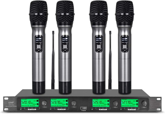 UHF Wireless Microphone System 4 Channel Microphones 4 Handheld Karaoke DJ Mic Karaoke System Whole Metal Mic Karaoke System for Church Speaking Conference Wedding Party Frequency A
