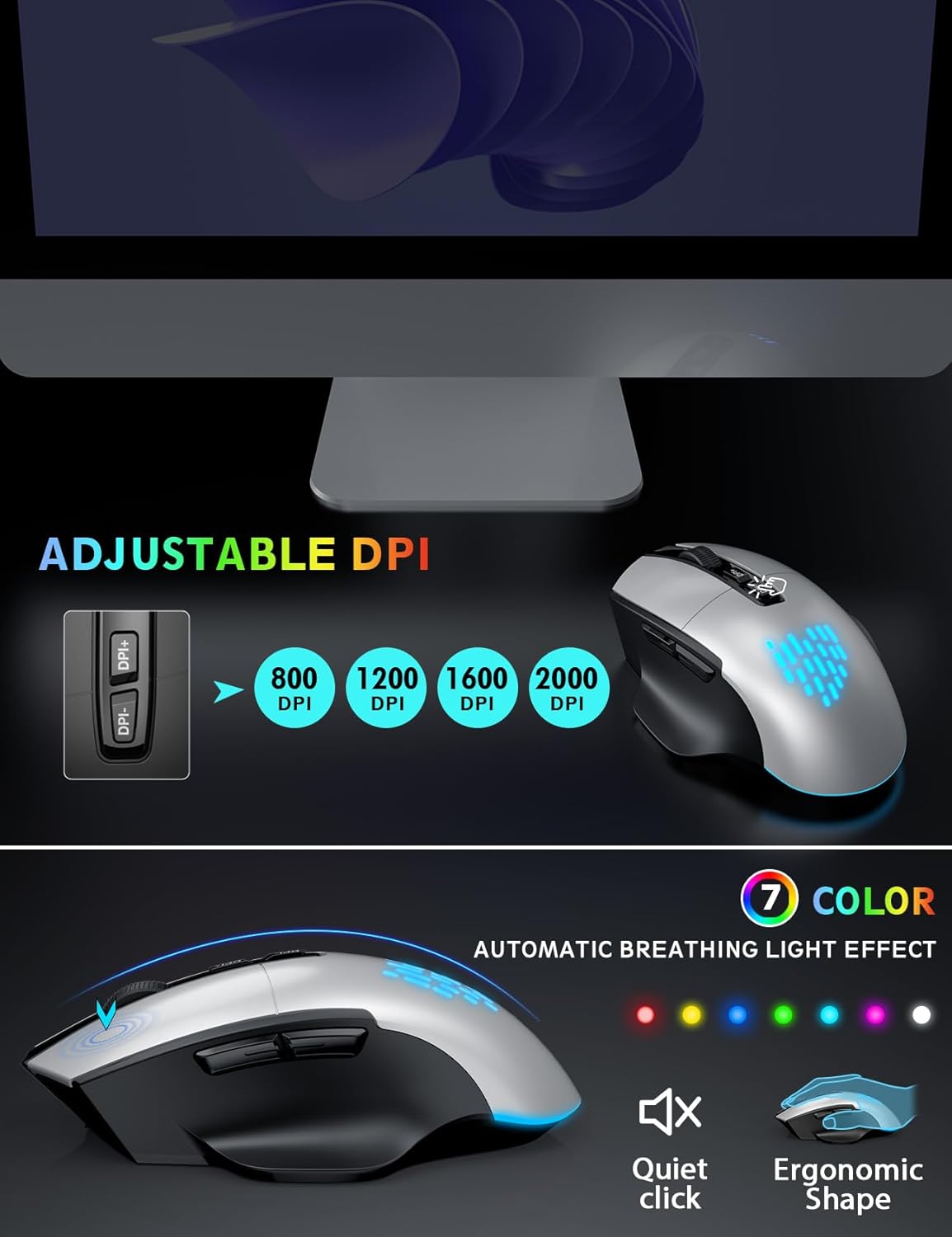 Wireless Keyboard and Mouse Backlits, Wrist Rest, LED Mouse, Rechargeable Ergonomic Keyboard with Phone Holder, Silent Light Up Combo for Computer, Mac, PC, Laptop, Chromebook (Silver Black)