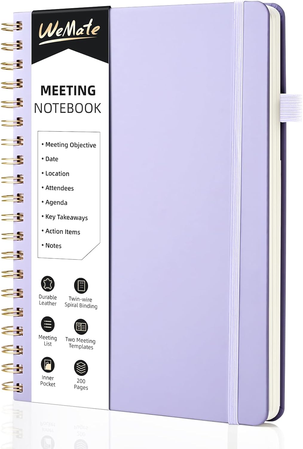 WEMATE Meeting Notebook for Work B5 (7"x10") - PU Leather Work Notebook with Agenda, Action Items & Notes - 200 Pages for Men&Women, Staff and Students, Meeting, Projects Planning - Light Purple