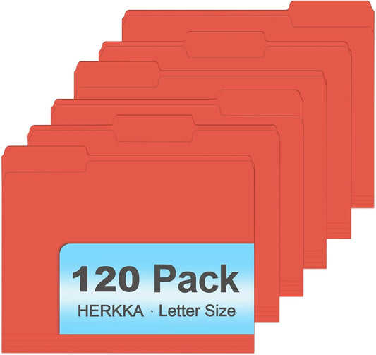 File Folder, HERKKA 120 Pack 1/3 Cut Tab File Folders, File Folders Great for Organizing and Filing, Letter Size, Red