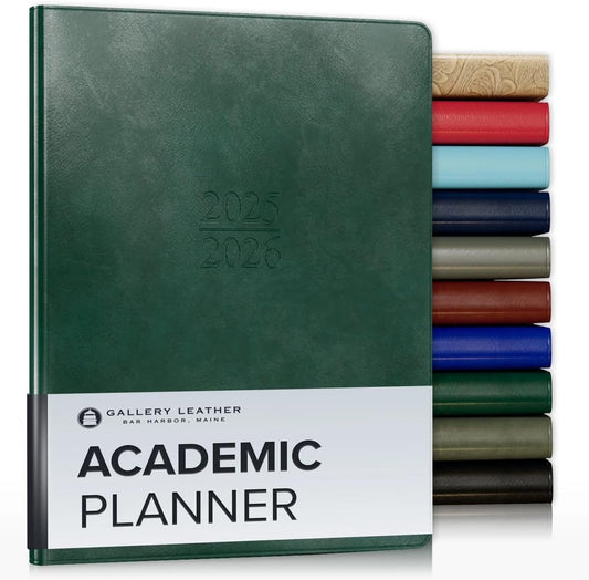 Gallery Leather Academic Planner 2025-2026, Teacher and Student Weekly Monthly Planner, Elegantly Bound Calendar with Gold-Gilded Page Edges, 18 Months - Acadia Green - 9x7"
