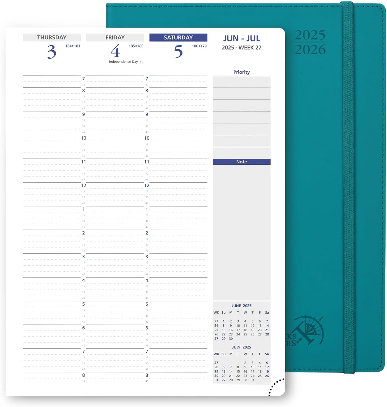 POPRUN Academic Planner 2025-2026, 8.5'' x 11.25'', Quarter-Hourly Appointment Book (July 2025-June 2026) with PU Leather Soft Cover, Dual Pockets, Monthly Tabs, 100GSM Thick Paper - Pacific Green