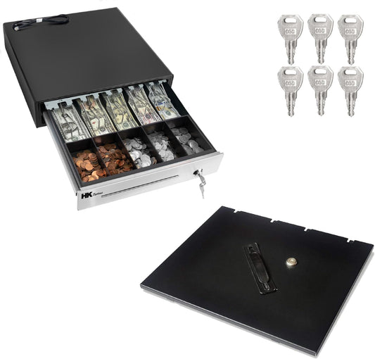 HK SYSTEMS 16""Stainless Steel" Front Heavy Duty Black POS Cash Drawer with 5Bill/5Coin and Till Cover