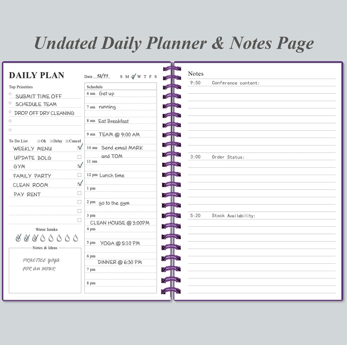 Daily Planner Undated - A5 To Do List Notebook Hourly Schedules, Spiral Appointment Planner for Women and Men, PVC Hardcover, Inner Pocket, Elastic Closure, 5.8" x 8.3", Purple