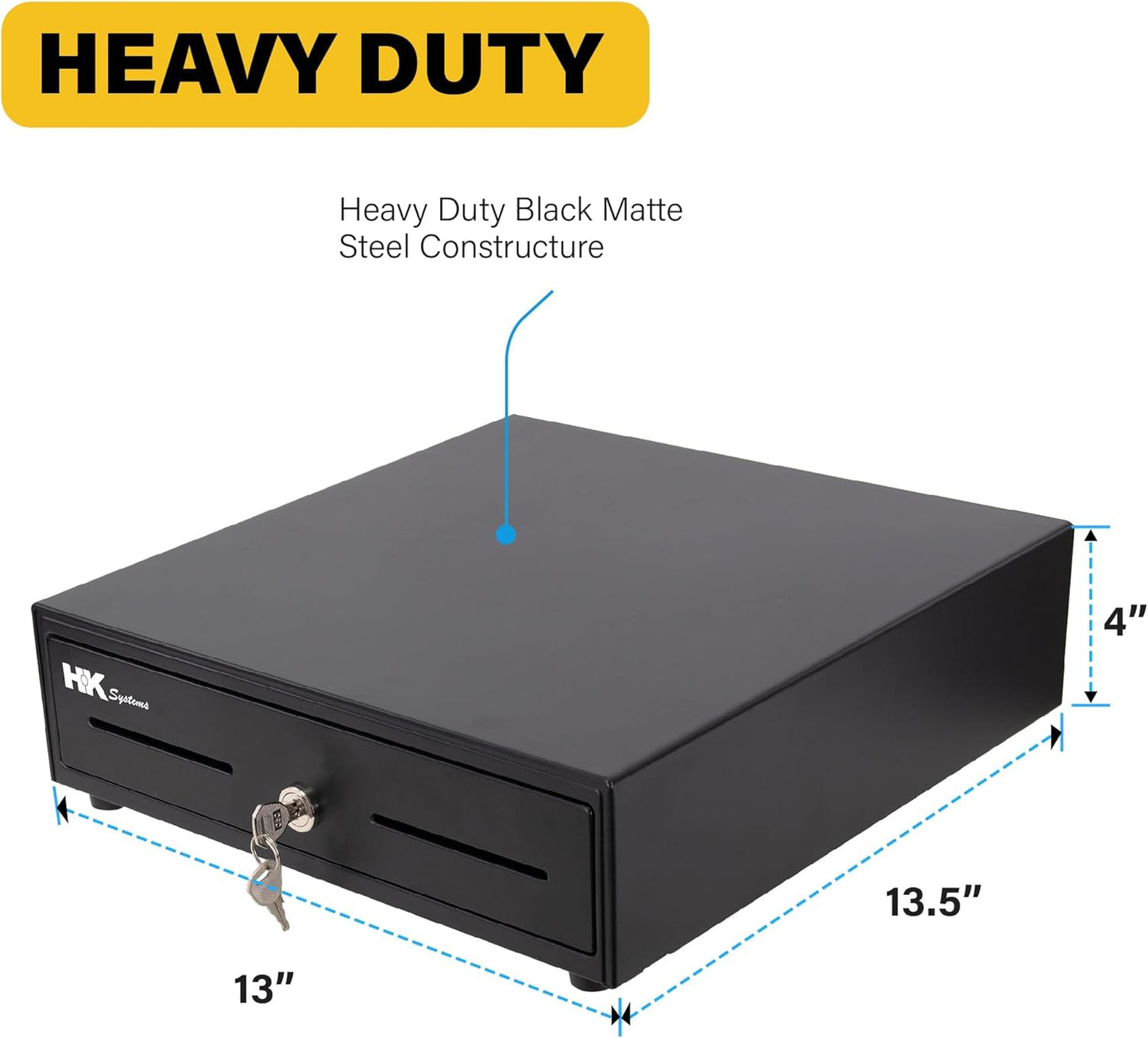 HK SYSTEMS 13inch Heavy Duty Manual Push-Open Cash Drawer with 4Bill/5Coin, Removable Till, Two Medial Slots, Black