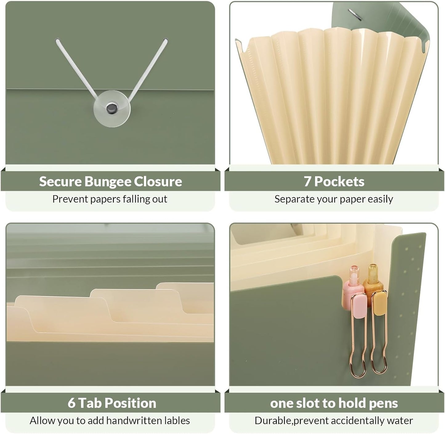 SKYDUE Accordion File Organizer, Expanding File Folder with 7 Pockets, Portable Receipt Paper Bill Document Organizer, Letter/A4 Size Filing Folder School Office Supplies, MossGreen