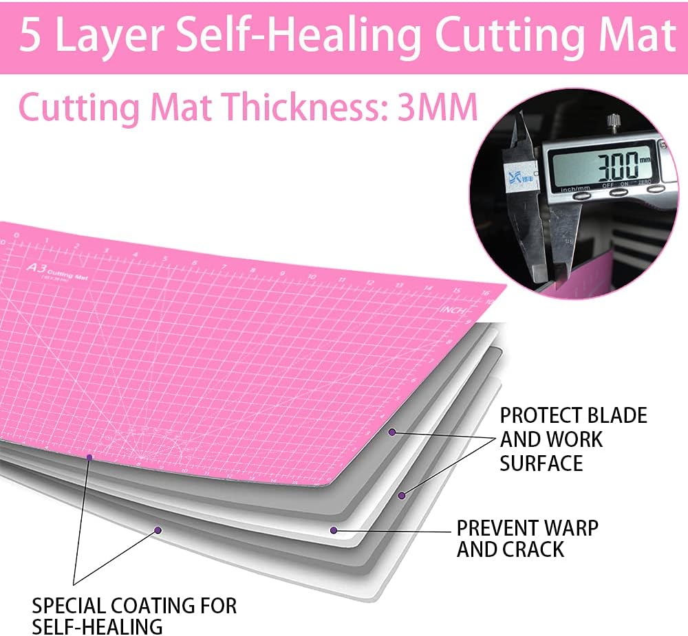 Headley Tools 18"x12" Thickened Self Healing Cutting Mat, A3 Rotary Cutting Sewing Mat for Crafts, Double Sided 5-Ply Table Cutting Board for Fabric Quilting Art Hobby Project, Pink/Purple