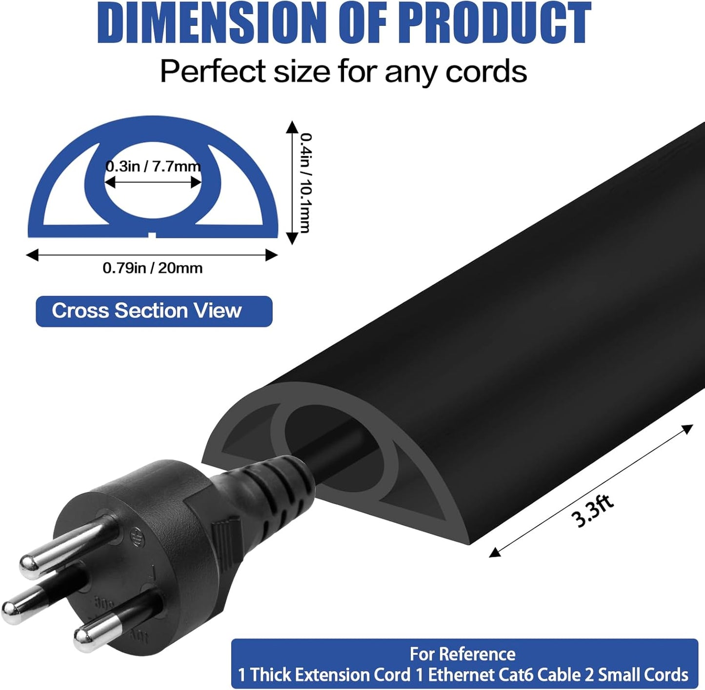 Floor Cord Cover Self Adhesive Cord Hider,3.3FT Cable Management, Extension Strip Protector for Wires, Prevent Cable Trips for Offices, Gyms, Exhibitions Cavity:0.3"(W) x 0.28"(H) Black