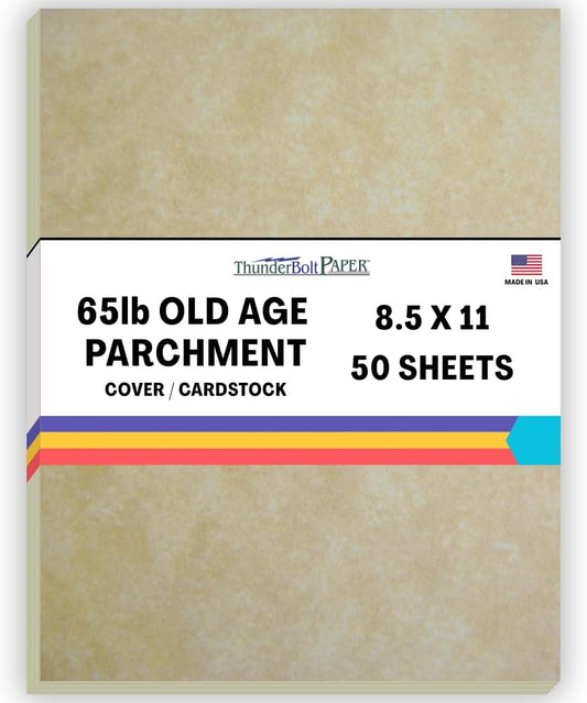 50 Old Age Parchment 65lb Cover Paper Sheets Cardstock Weight Colored Sheets 8.5X11 Inches Standard Letter Size - Printable Parchment