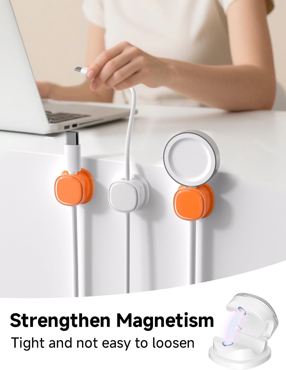 Magnetic Cable Clips, Adjustable Cord Holder Management, Adhesive Wire Keeper Organizer for Home Office Desk Phone PC Car Wall Desktop Nightstand Appliance (9-PCS White & Orange)