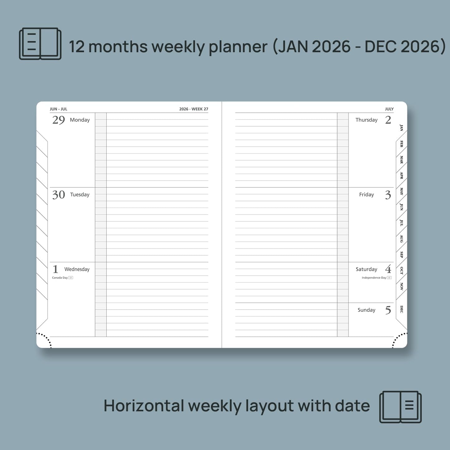POPRUN Weekly Planner 2026 Calendar (Medium 6.75" x 8.75") 12 Months Notebook with Horizontal Layout, Leather Hardcover, Inner Pocket, 100GSM Thick Paper, Pen Holder - Black