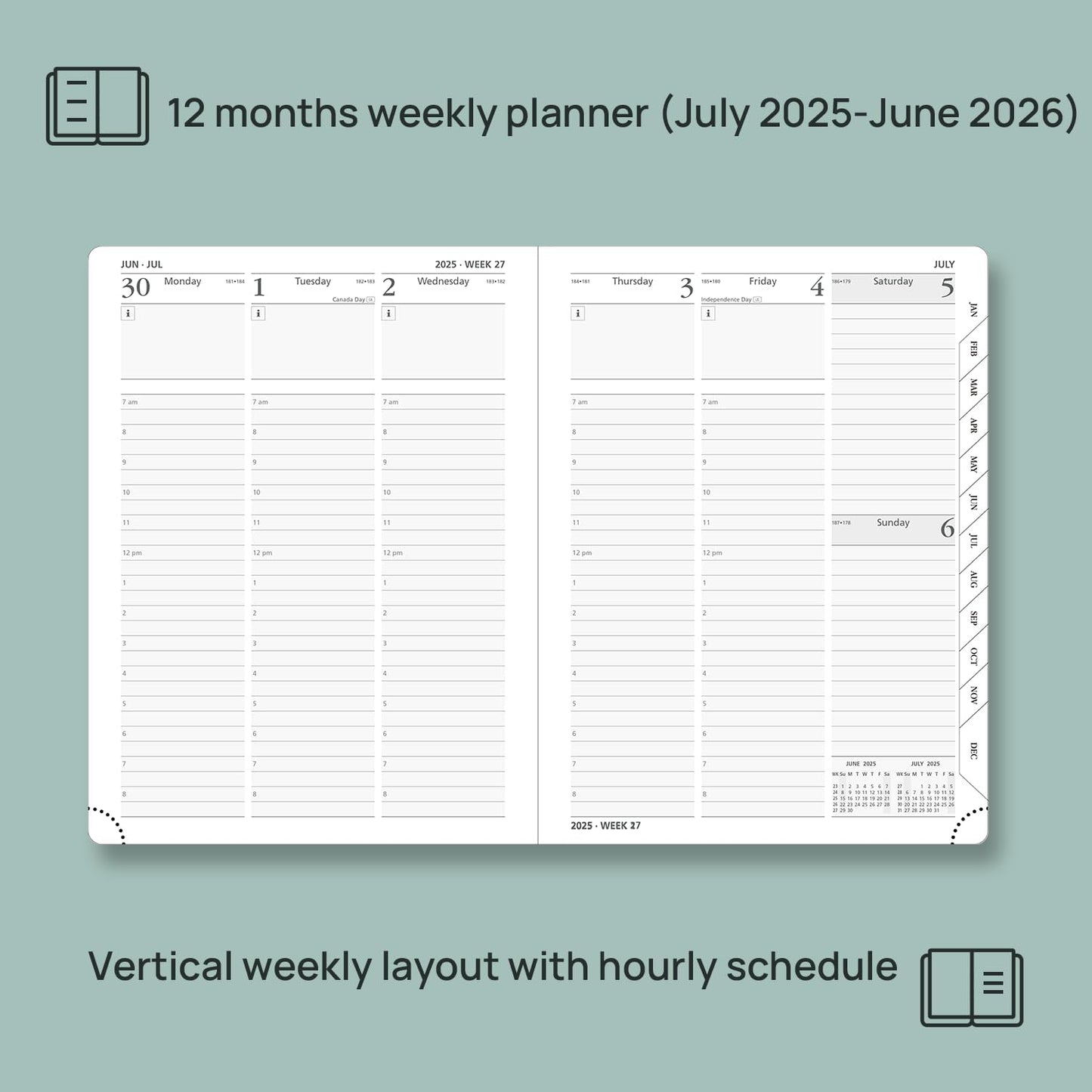 POPRUN Planner 2025-2026 (Medium - 6.5'' x 8.5'') Academic Weekly Calendar (July 2025 - June 2026) with Hourly Time Slots, Monthly Tabs, 100GSM Thick Papers, Leather Soft Cover - Purple