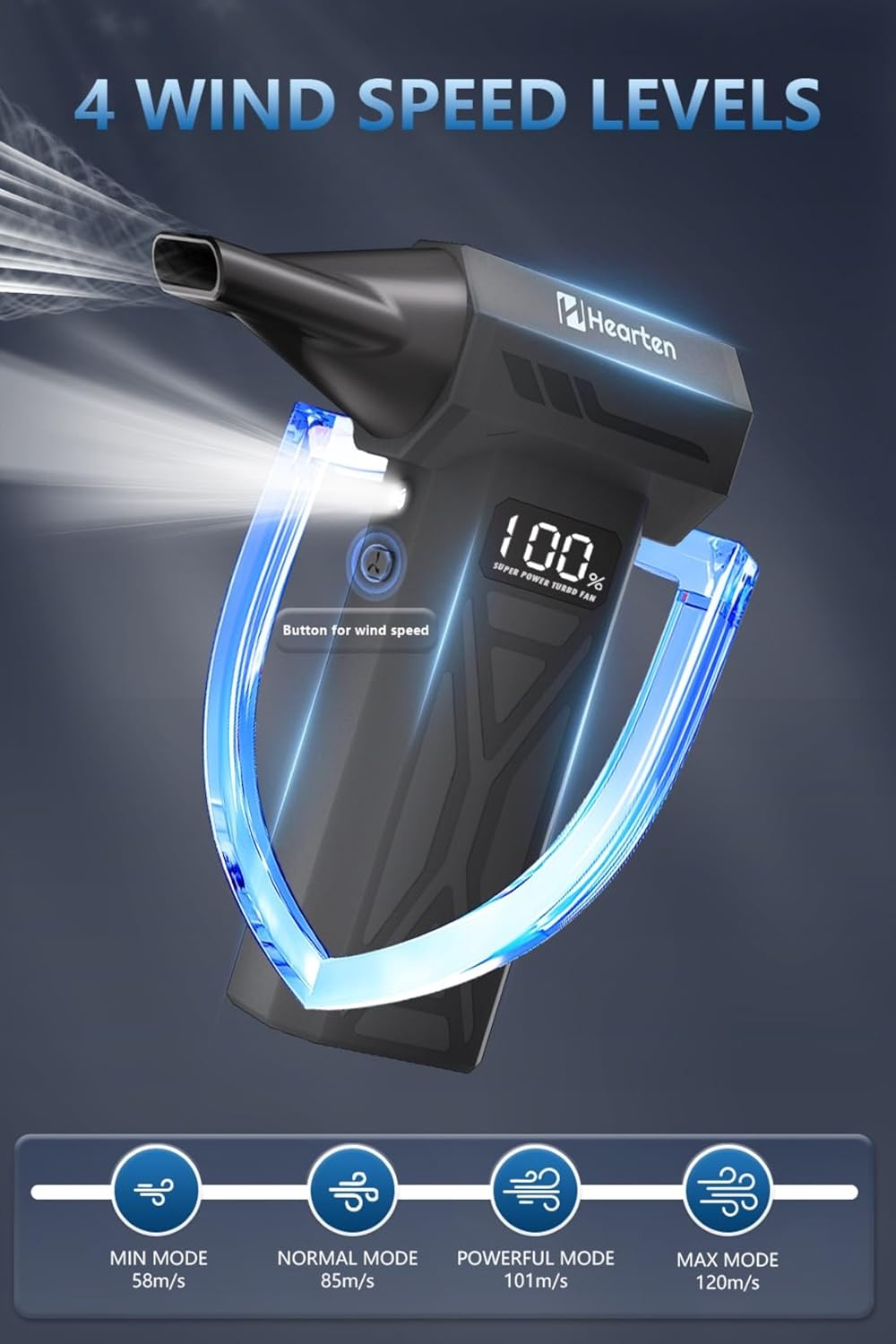 Mini Compressed Air Computer Duster 110000RPM, Cordless Electric Air Blower Rechargeable with LED Light, Case and Digital Display, for PC Keyboard Car Snow Removal & Outdoor, Air Bed, Black