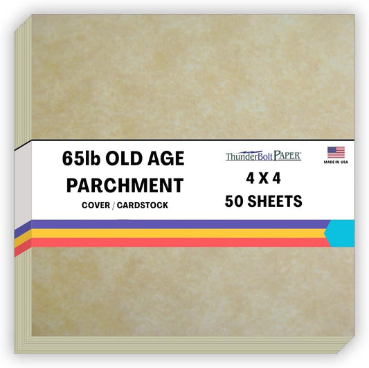 50 Old Age Parchment 65lb Cover Paper Sheets 4 X 4 Inches Cardstock Weight Colored Sheets 4" X 4" (4X4 Inches) Small Square Card Size - Printable Parchment Semblance by The Pulp Process