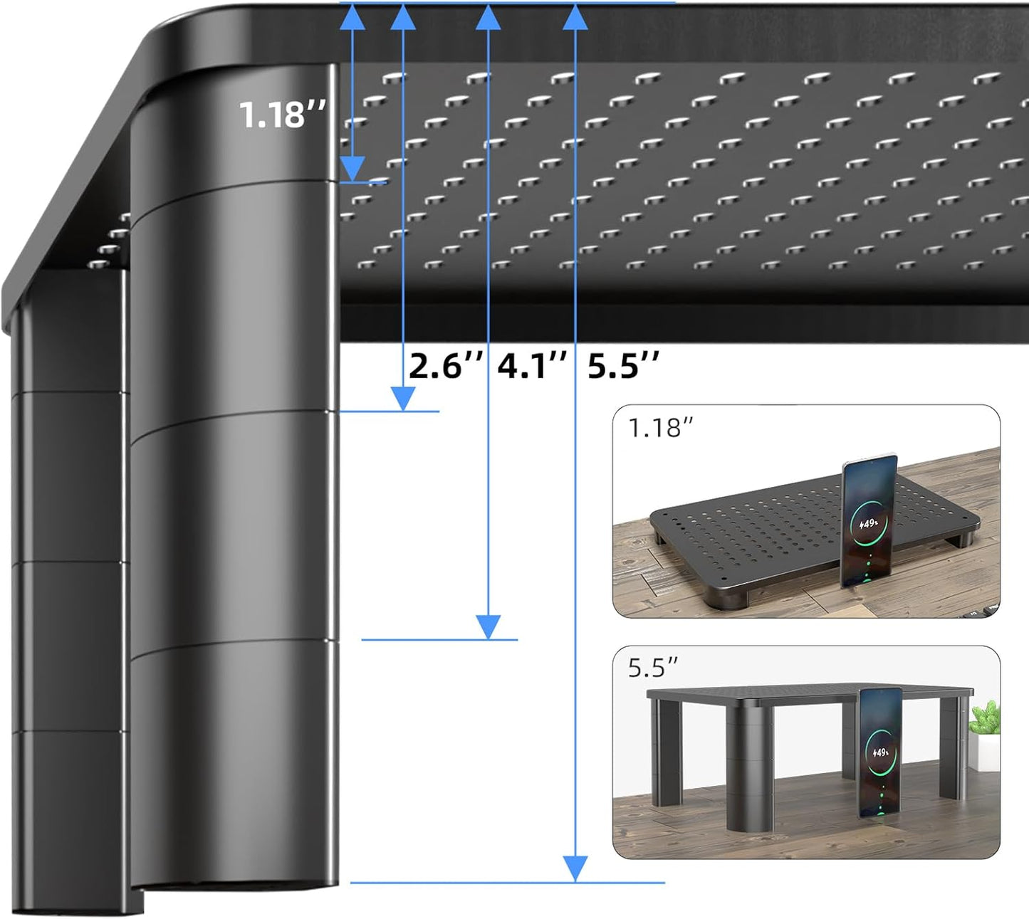 Pholiten Monitor Stand with Storage Drawer | Desk Organizer Riser for Computer Screens, Laptops | Office & Home Workspace Solution, 44lbs Capacity Weight，Black