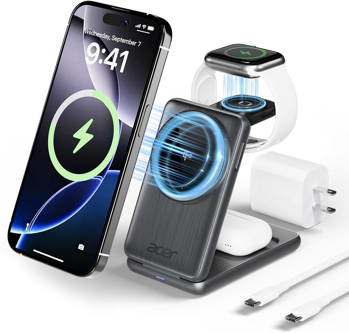 Acer Magnetic Wireless Charger, 3 in 1 Wireless Charging Station, 15W Fast MagSafe Charger for iPhone 16 15 14 13 12 Series -Apple Watch 10 9 8 7 6 5 4 3 2 SE and Ultra Series-Airpods 4 3 2 Pro Series