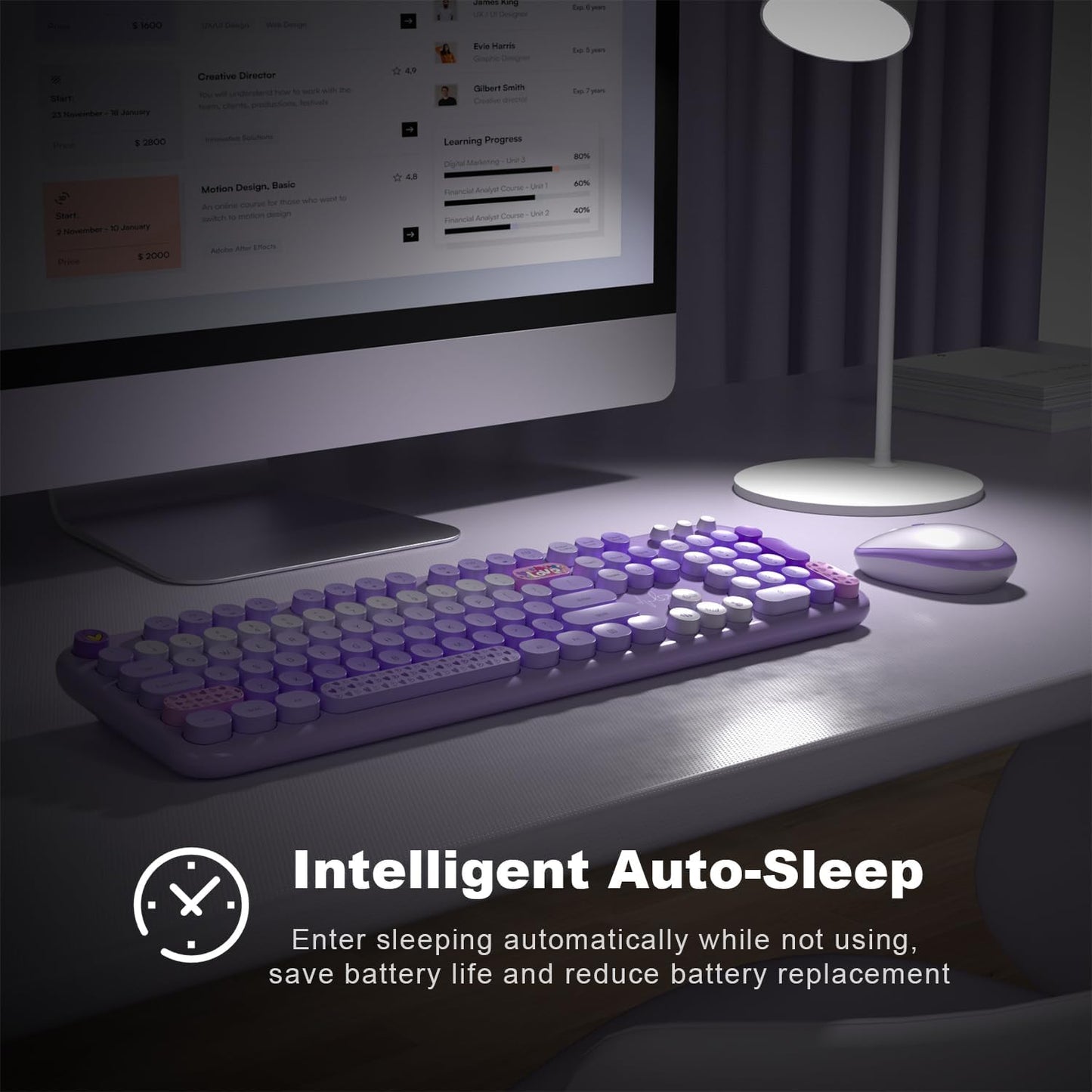 MOFII Wireless Keyboard and Mouse Combo, Full Size 2.4G Plug and Play Typewriter Retro Round Computer Keyboard and Mouse Set for Windows, Computer, Desktop, PC, Notebook - (Purple Colorful)