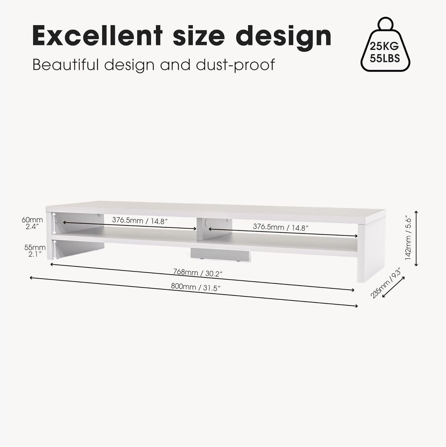 Fenge Monitor Stand, 31.5 Inch Computer Monitor Riser for Desk, 2 Tiers Wood Desk Shelf with Storage, Desktop Organizer for PC, Laptop, Screen, Printer