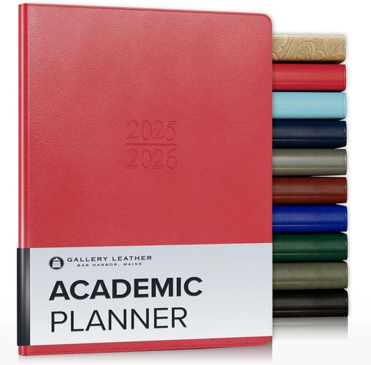 Gallery Leather Academic Planner 2025-2026, Teacher and Student Weekly Monthly Planner, Elegantly Bound Calendar with Gold-Gilded Page Edges, 18 Months - Caribbean Red - 9x7"